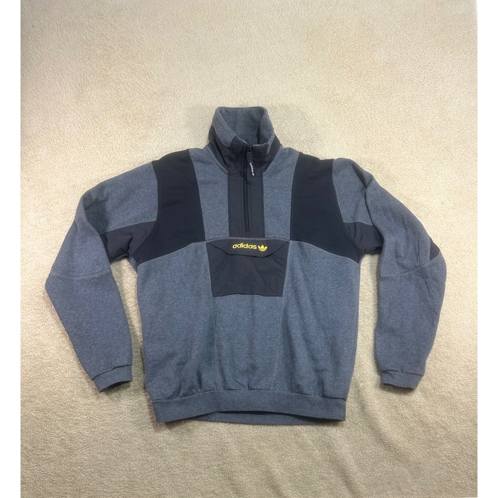 Adidas Colorblock Quarter Zip Pullover Sweatshirt Grey Black Yellow‎ Logo Mens S